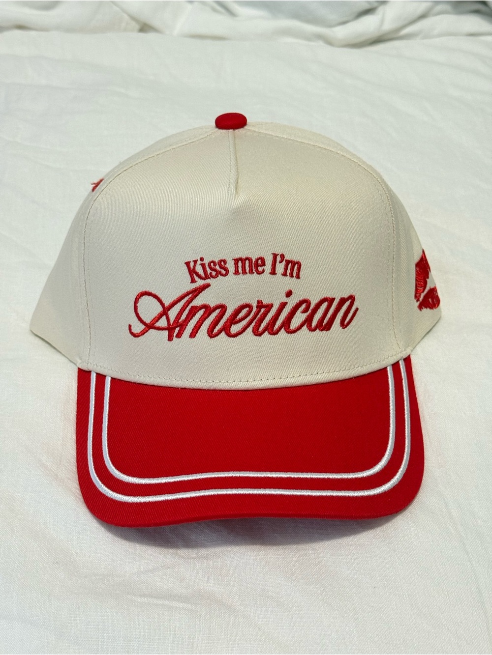 Kiss Me I'm American Cream & Red vintage trucker hat